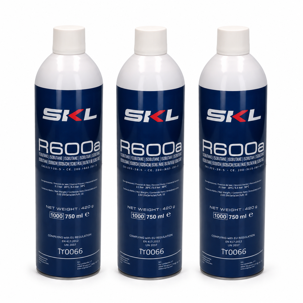 Three SKL R600a refrigerant gas cylinders 420g