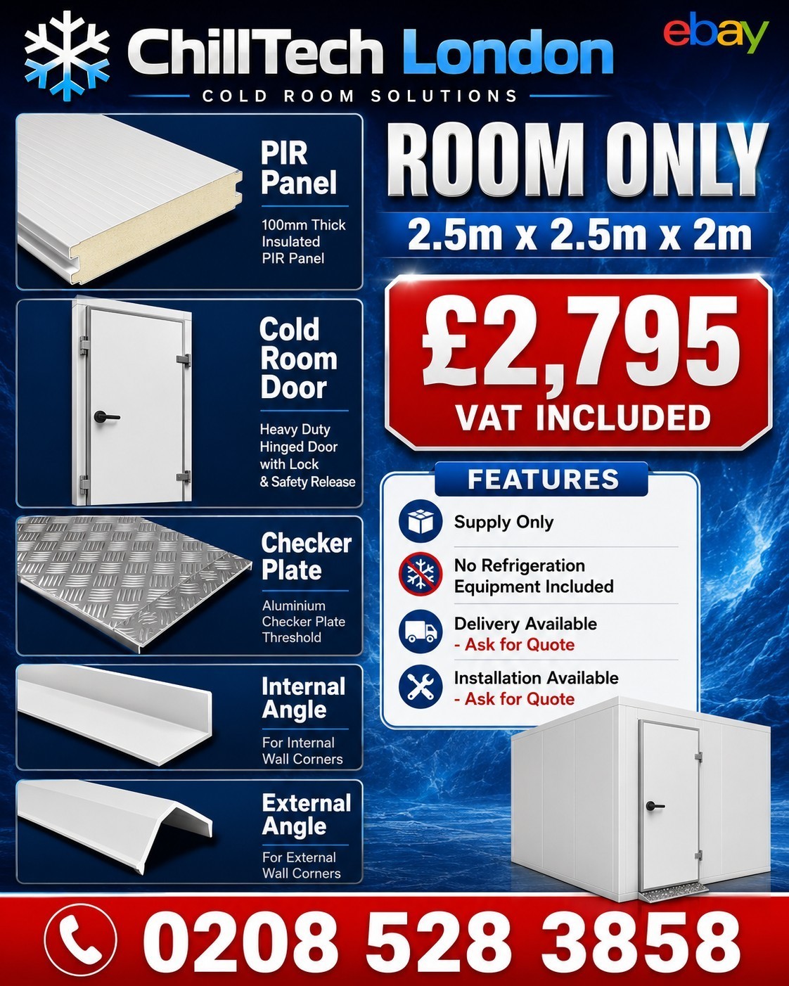 s-l1600-37.jpg Cold Room Panels Door Checker Plate Angle Trim 2.5m x 2.5m Room Only - Image 1