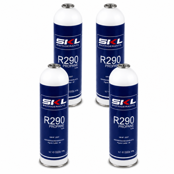 Four SKL R290 propane refrigerant cylinders, 370g each
