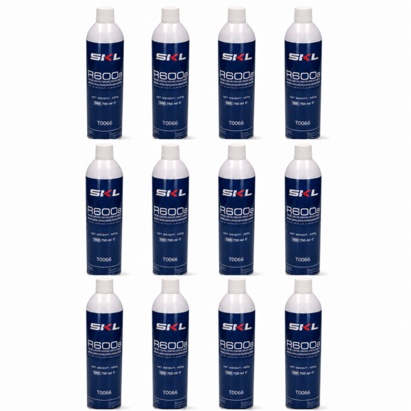 Twelve SKL R600a refrigerant cylinders, 420g each