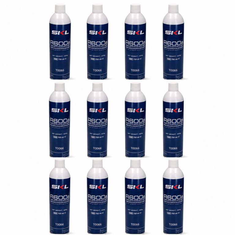 Twelve SKL R600a refrigerant cylinders, 420g each