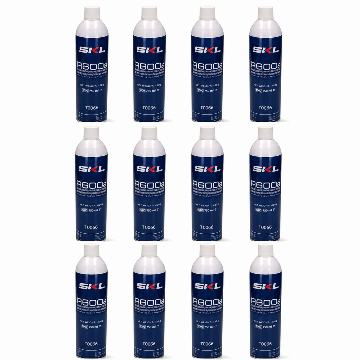 skl-r600a-420g-12-pack-clean Twelve SKL R600a refrigerant cylinders, 420g each