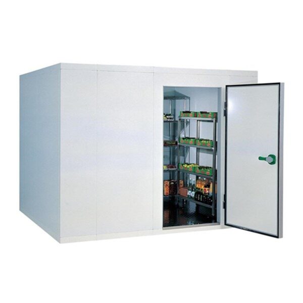 Insulated walk-in cold room with open door and food storage shelving