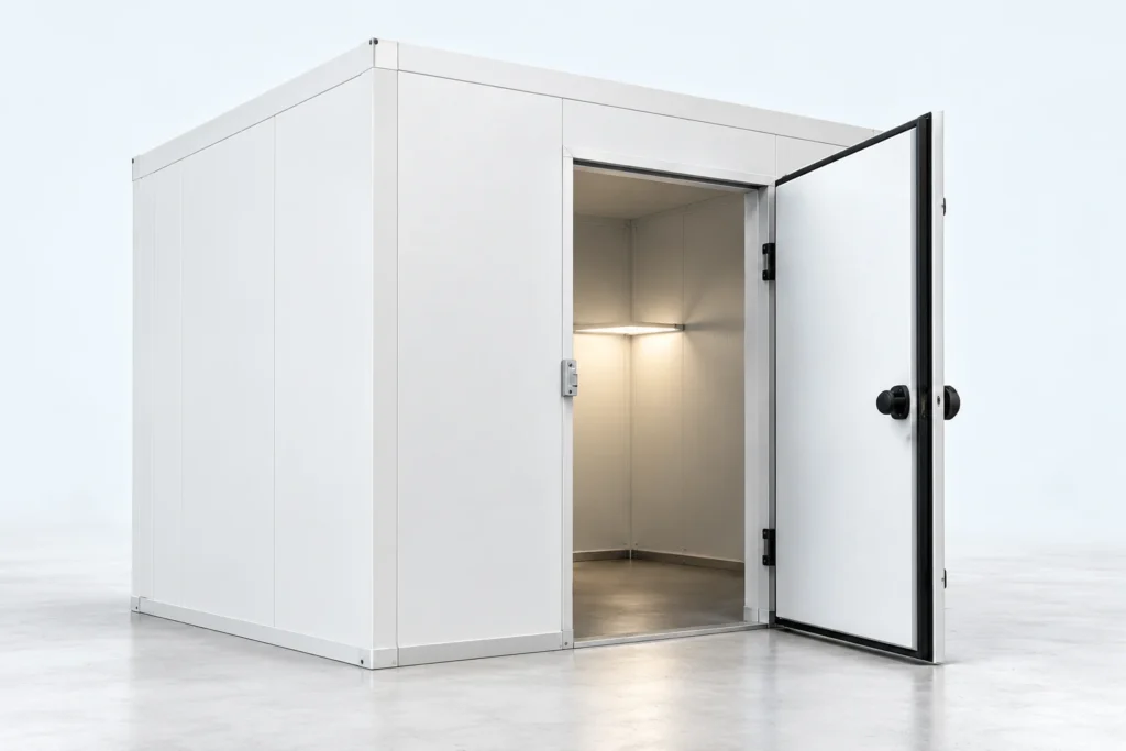 White insulated cold room with open hinged door