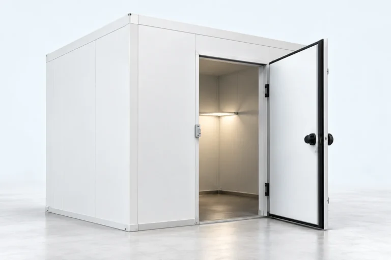 White insulated cold room with open hinged door