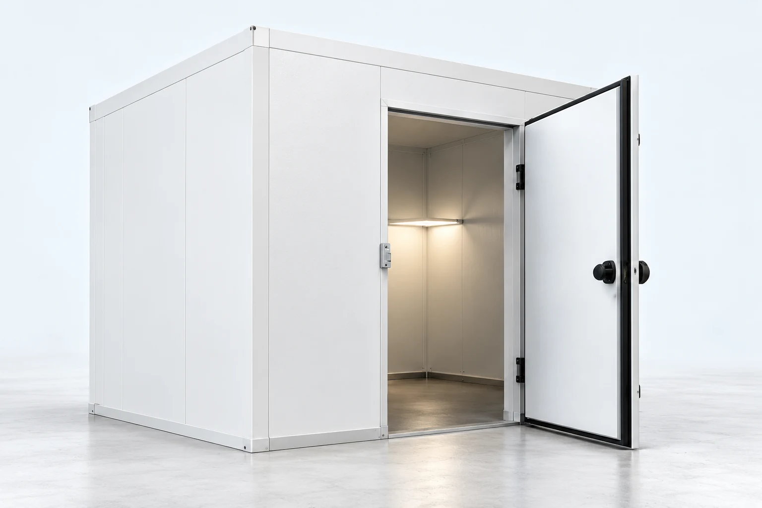 White insulated cold room with open hinged door