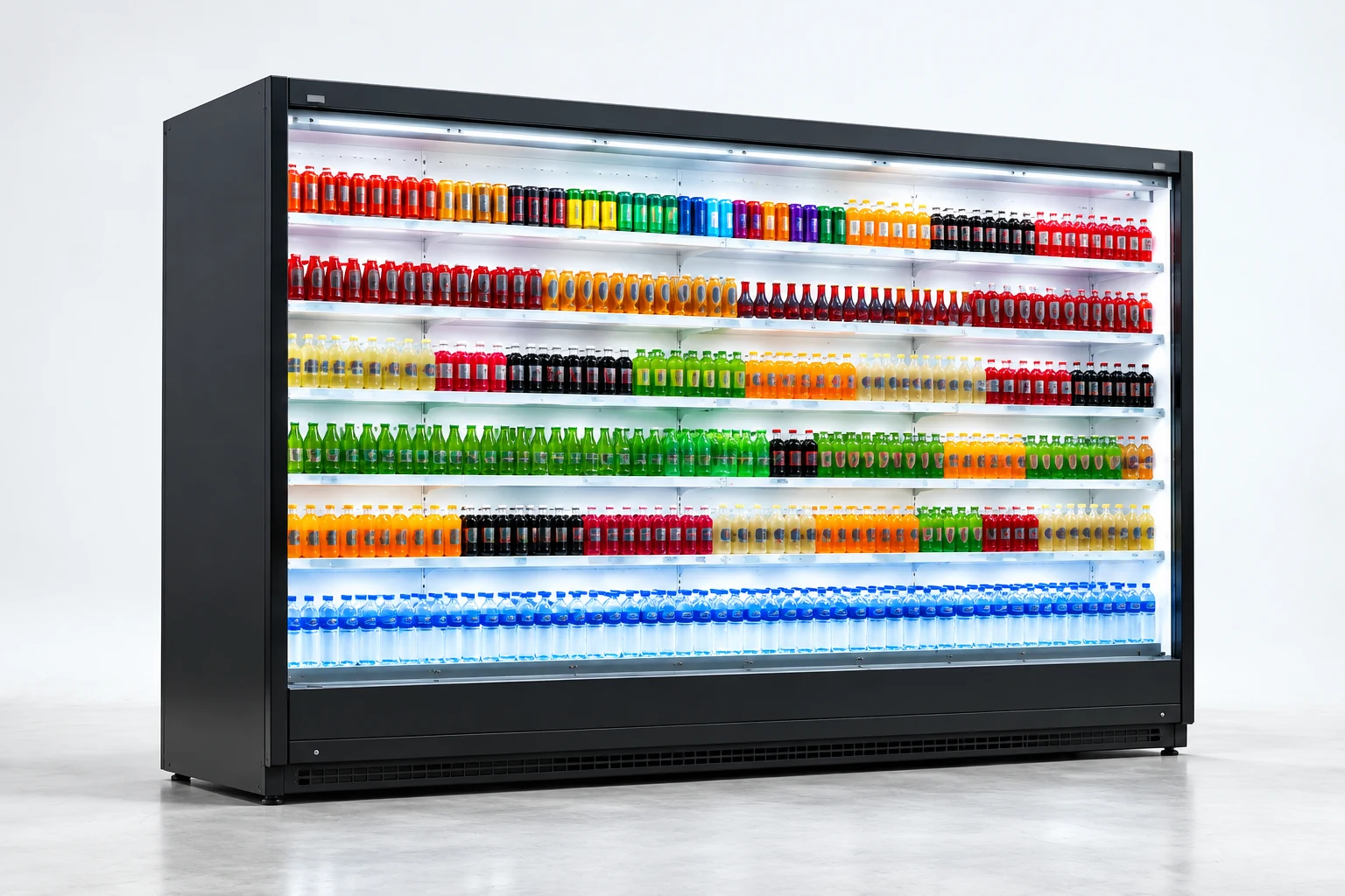 Black open multideck chiller stocked with colourful bottled drinks