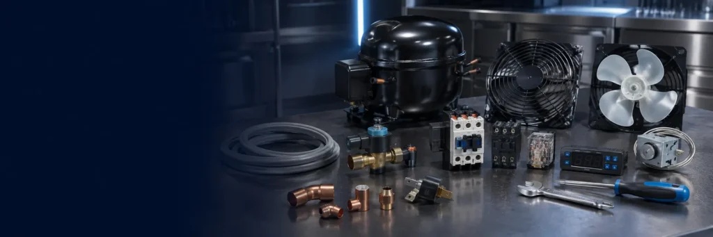 Commercial refrigeration spare parts including compressor, fans, controller, valves and fittings