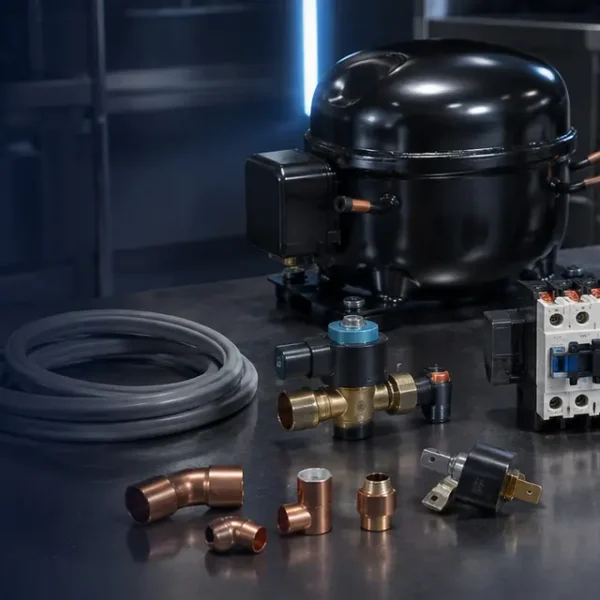 Commercial refrigeration spare parts including compressor, fans, controller, valves and fittings
