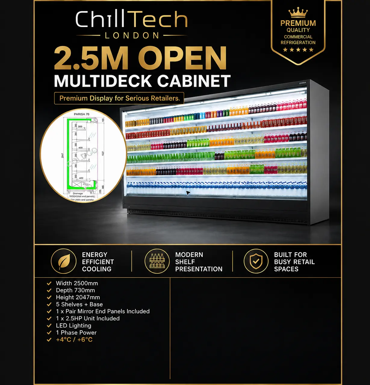 ChillTech London 2.5m Open Multideck Cabinet ChillTech London 2.5m open multideck display cabinet