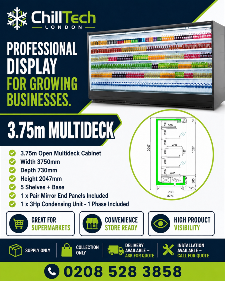 ChillTech London 3.75m open multideck with dimensions and package information