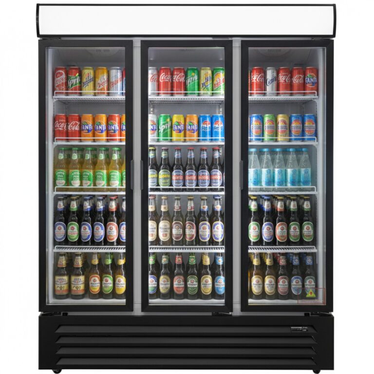 Commercial Glass Door Drinks Display Fridge – 3 Door, 760L Black | BRVEC1200