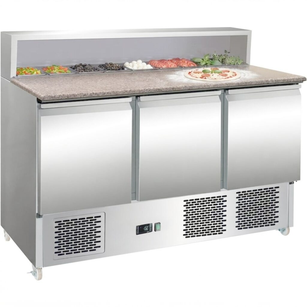 Commercial Pizza Prep Fridge – 3 Door Granite Top, 8 × GN 1/6 | BRVPZ33