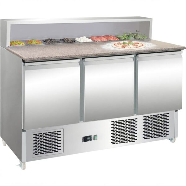 Commercial Pizza Prep Fridge – 3 Door Granite Top, 8 × GN 1/6 | BRVPZ33