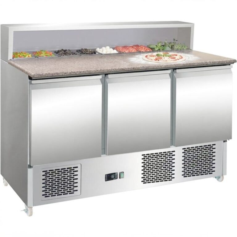 Commercial Pizza Prep Fridge – 3 Door Granite Top, 8 × GN 1/6 | BRVPZ33